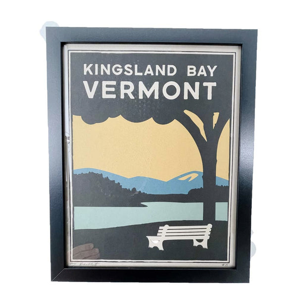 Wood cut style print of Kingsland Bay Park Vermont with black trees, white park bench and view of blue lake