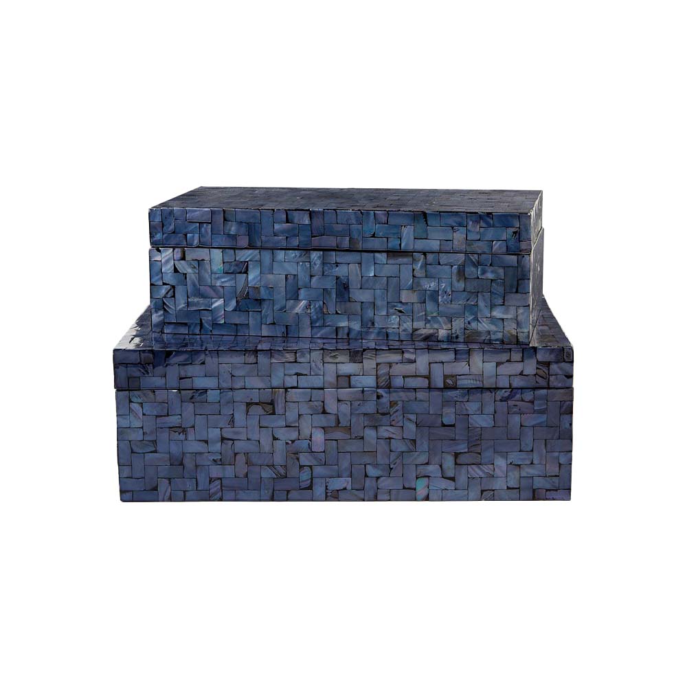 Two decorative boxes with navy blue inlay mother of pearl on a white background