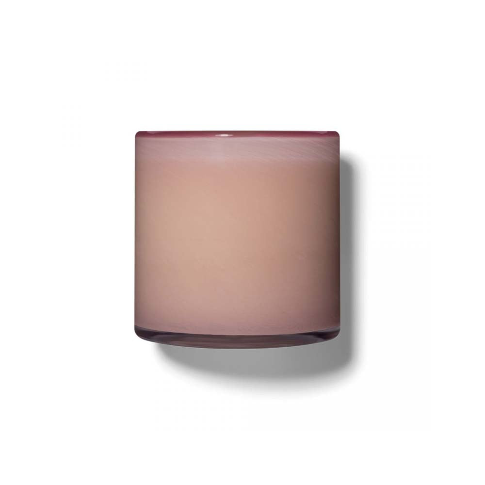 Lafco brand 'black pomegranate' glass candle in a rose glass vessel