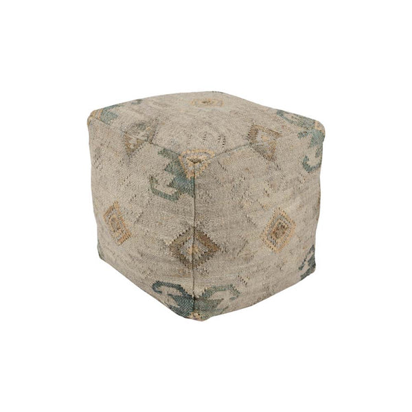 Square neutral pouf with Kilim style beige and blue and grey cover on a white background