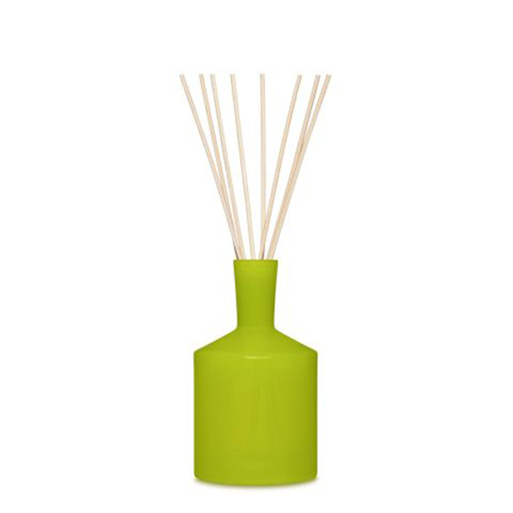 Lafco rosemary eucalyptus diffuser in a green bottle with reeds on a white background