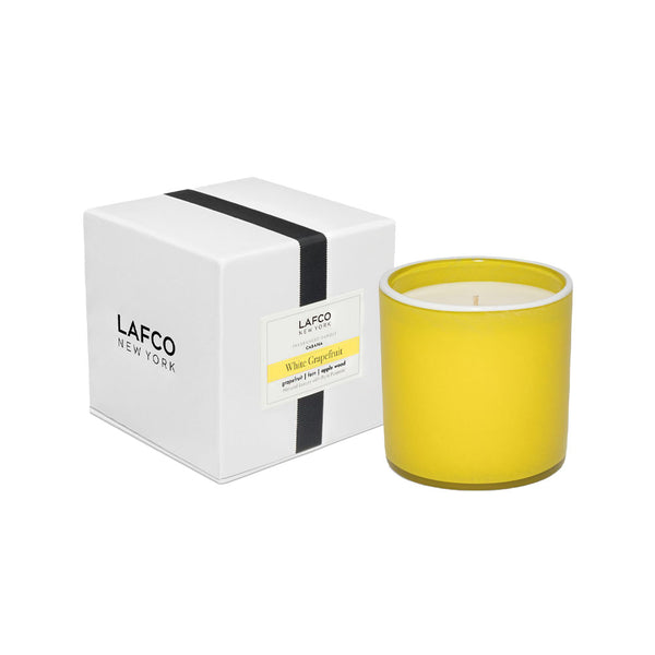 Lafco white grapefruit yellow candle and box on a white background
