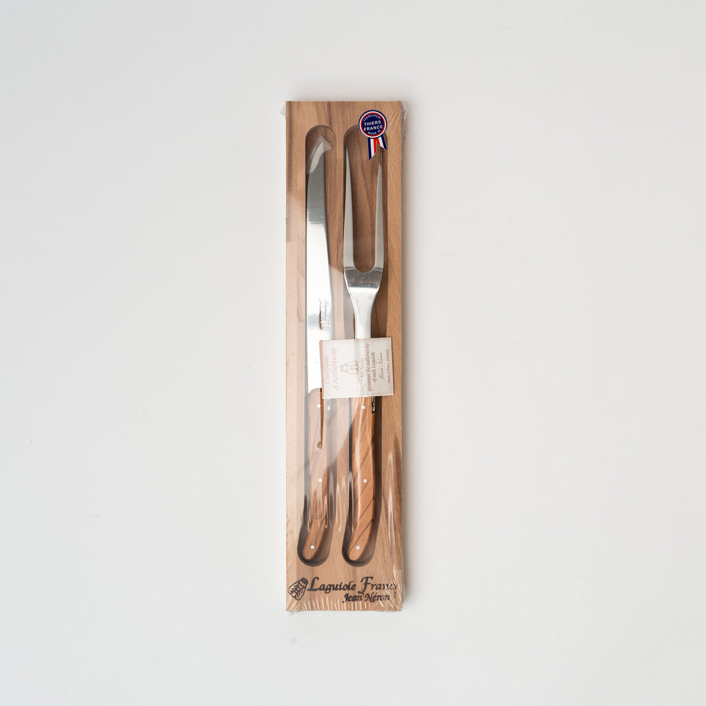 Laguiole carving set with olive wood handle in wood box on a white background