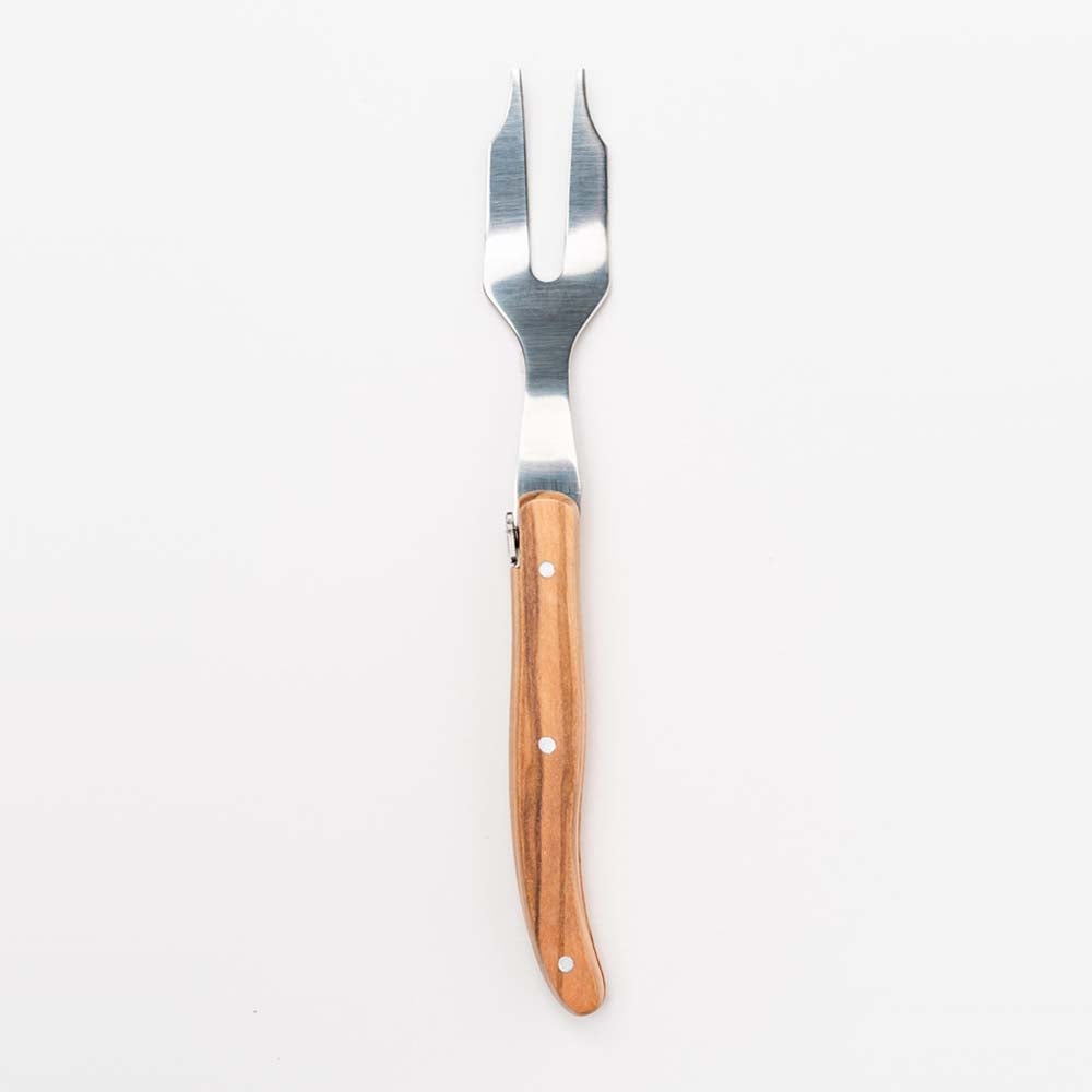 Laguiole olive wood cheese fork on a white background