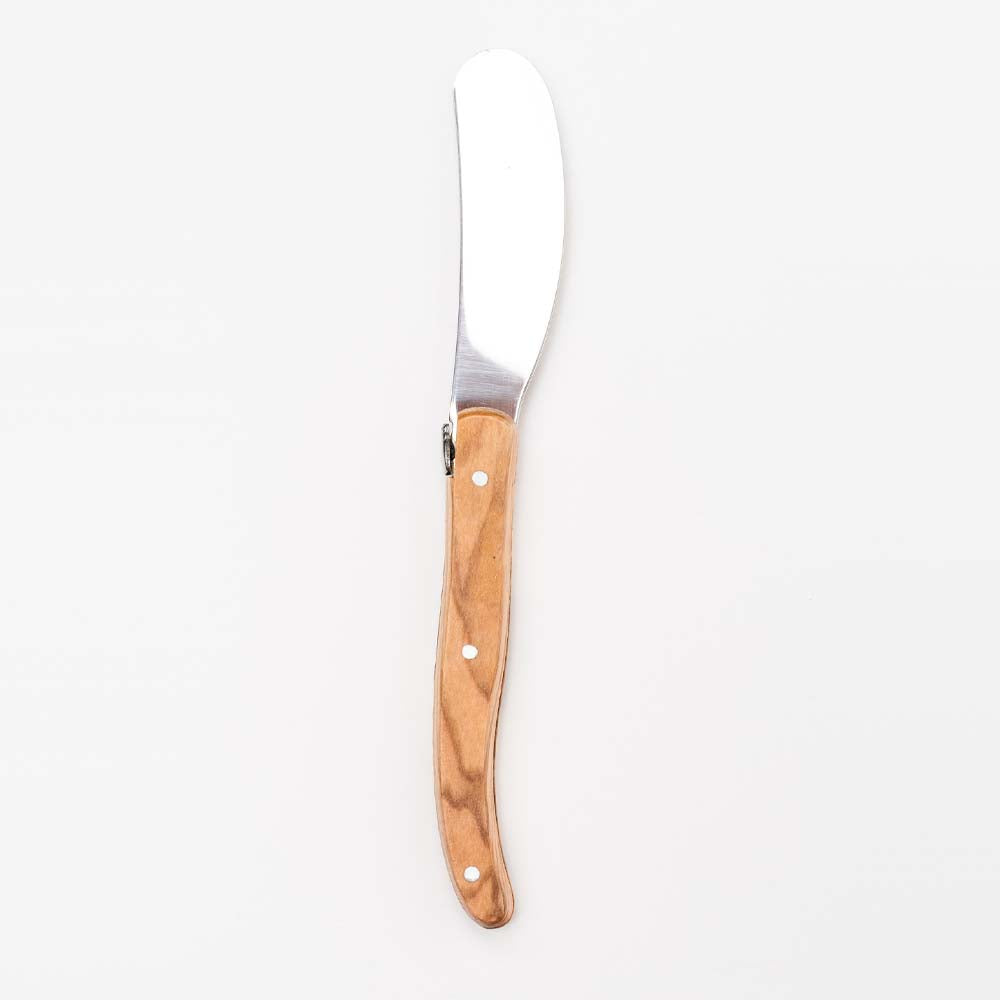Laguiole olive wood cheese spreader on a white background