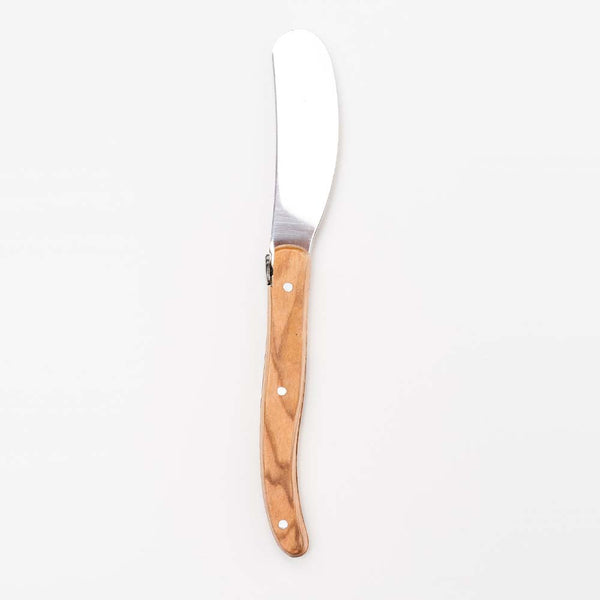 Laguiole olive wood cheese spreader on a white background