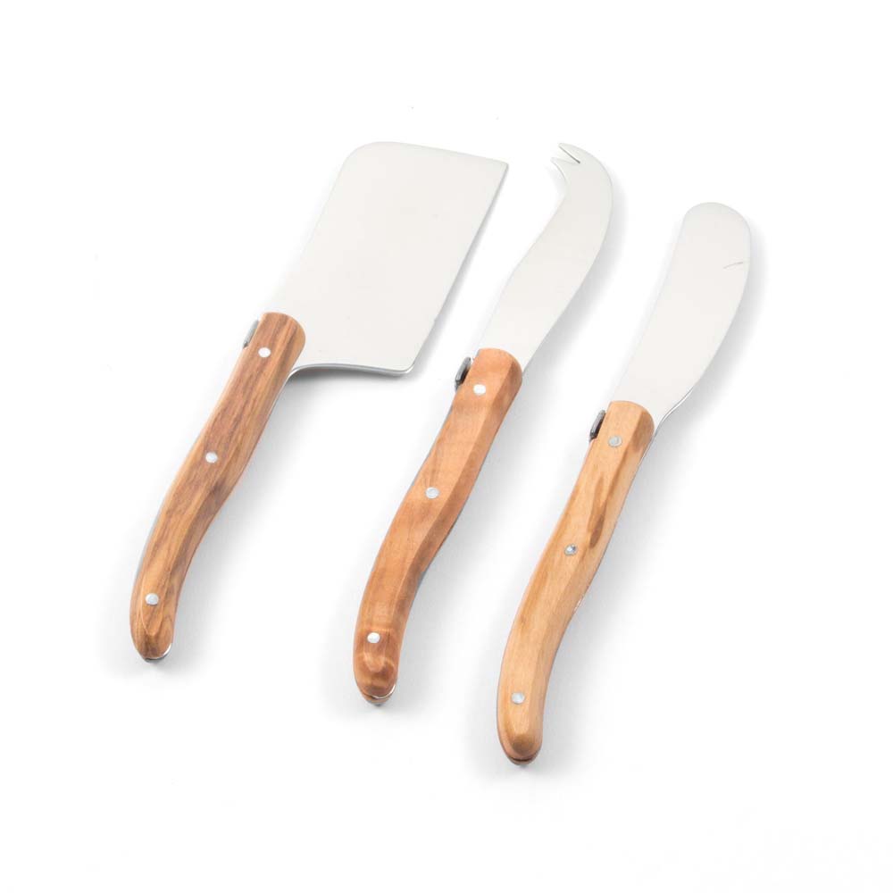 Laguiole olivewood cheese set in on a white background