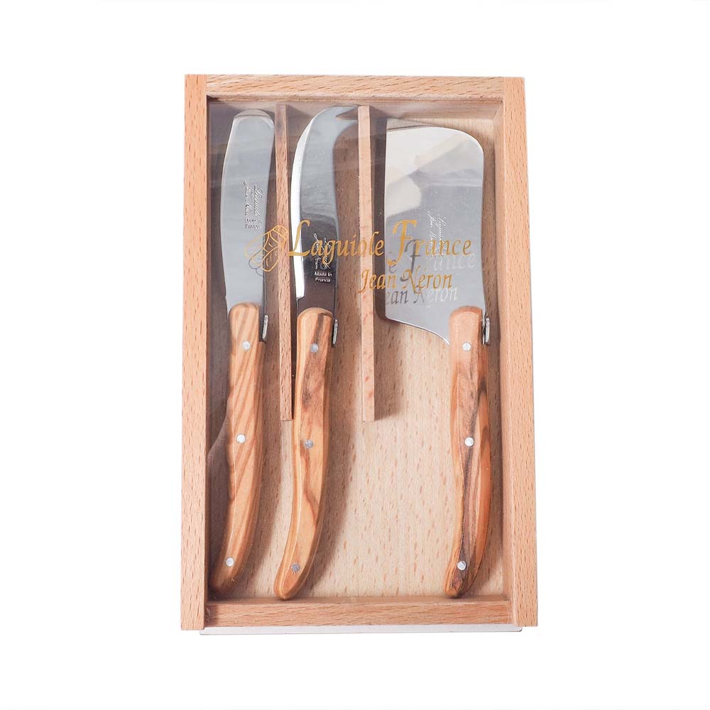 Laguiole olivewood cheese set in wood box with sliding acrylic lid