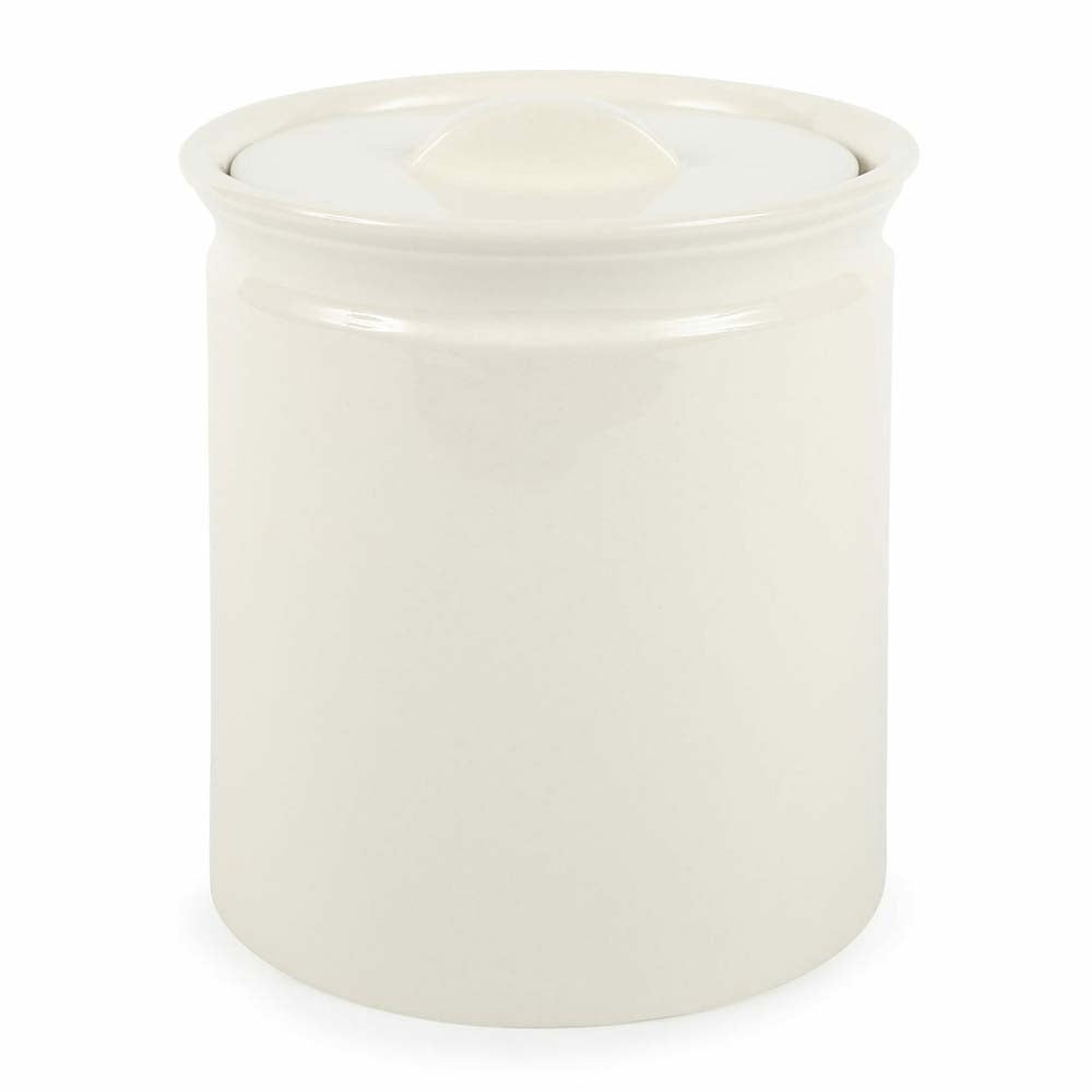 Medium Sir Madam brand white stoneware crock on a white background