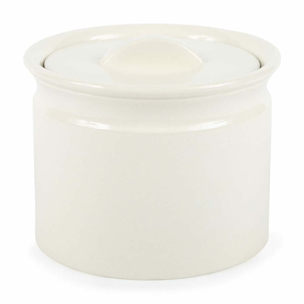 Small Sir madam brand white stoneware crock on a white background