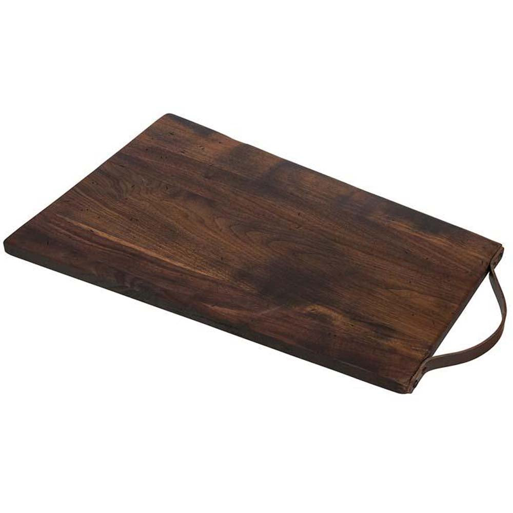 JK Adams walnut rectangular serving Board with leather handle on a white background