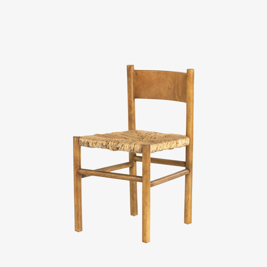 Light wood 'Largo' dining chair in sun-dried mango with rush seat by four hands furniture on a white background