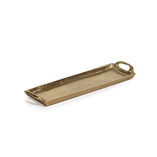 Zodax burnished gold tray fourteen inch by four inch tray with handles on a white background