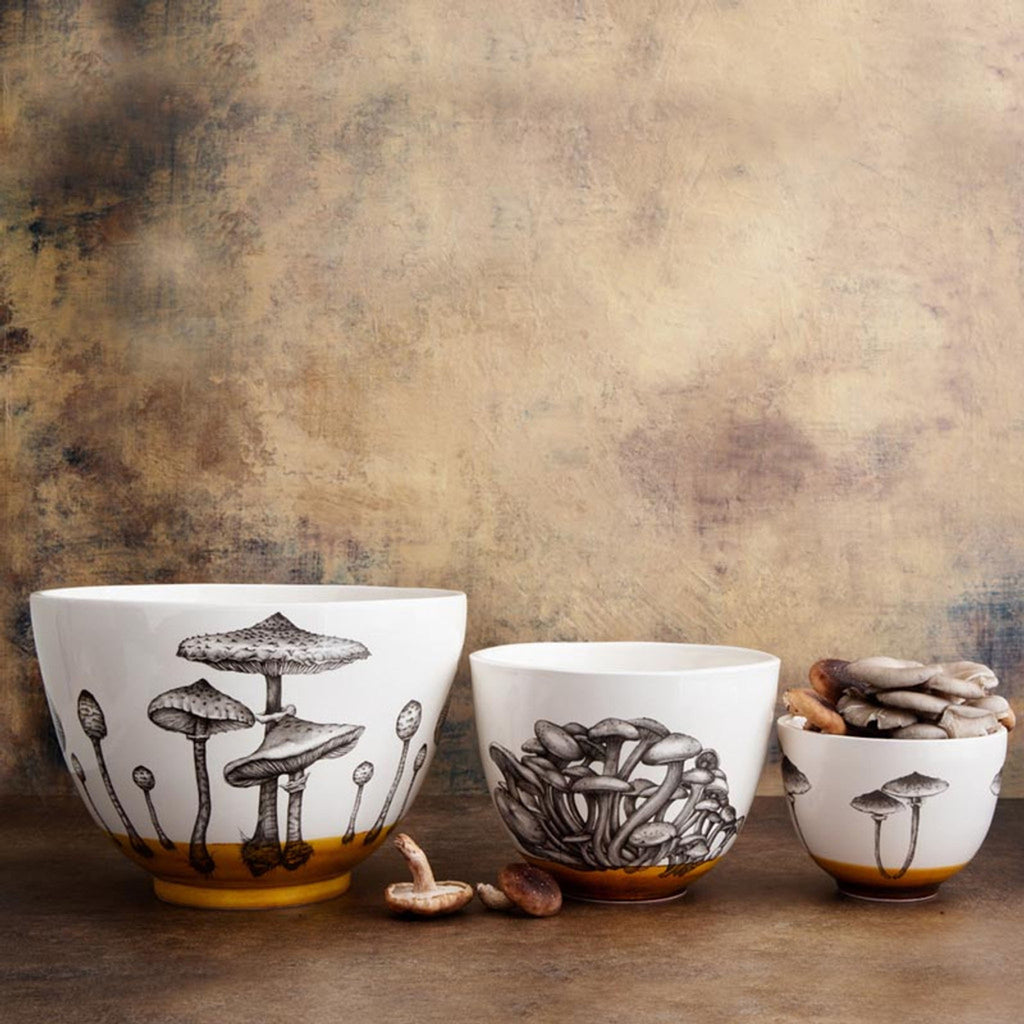 Three different Laura Zindel mushroom bowls on a brown surface with mushrooms