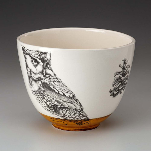 Medium white bowl with screech owl and amber base by Laura Zindel