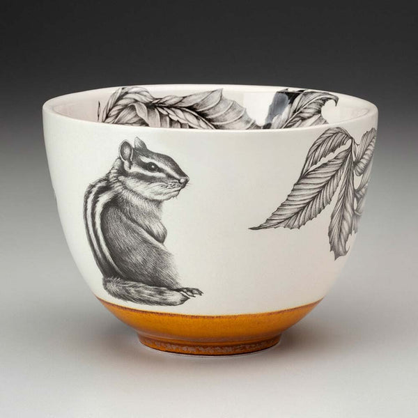 Small white bowl with chipmunks and amber base by Laura Zindel