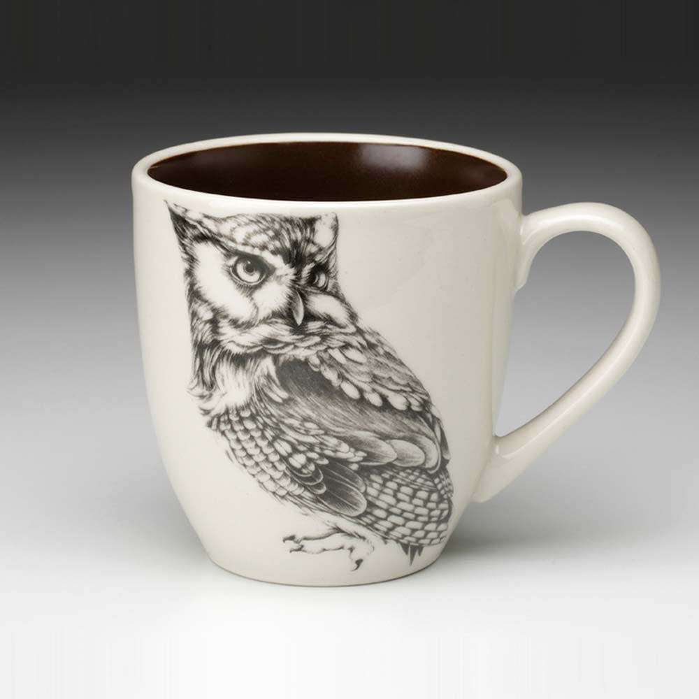 Laura Zindel white porcelain screech owl mug on a grey background