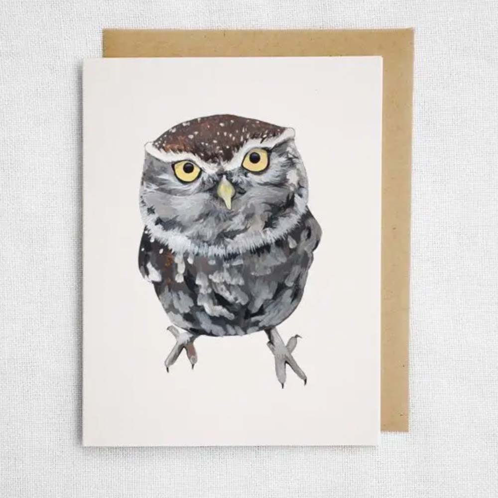 Baby owl greeting card on a white background