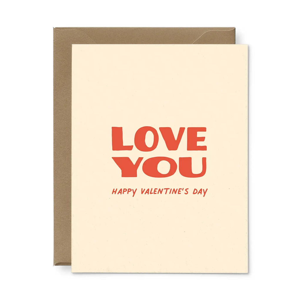 Letterpress printed valentine's card with words LOVE YOU happy Valentine's Day