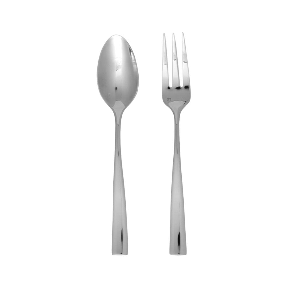 Stainless steel serving set with fork and spoon on a white background