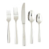 Stainless flatware five piece set with simple lines and polished finish on a white background