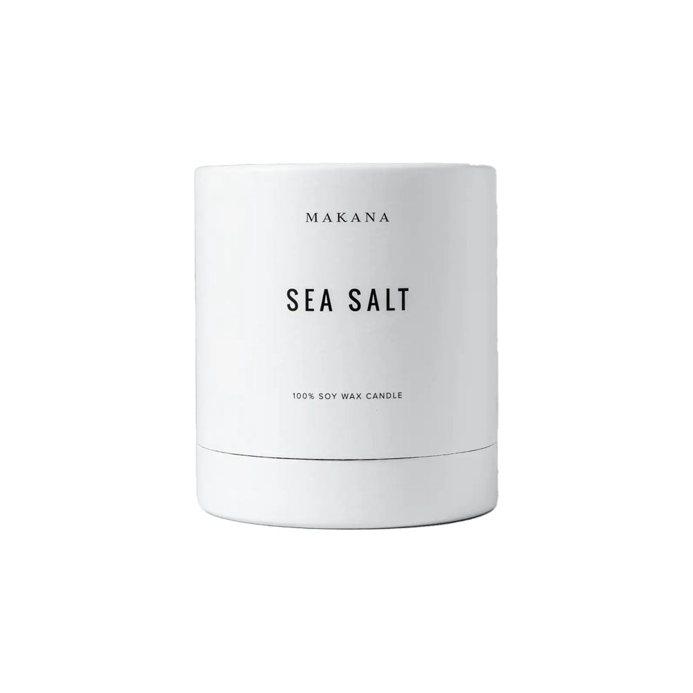 Makana brand petite Sea Salt candle in a white box on a white background