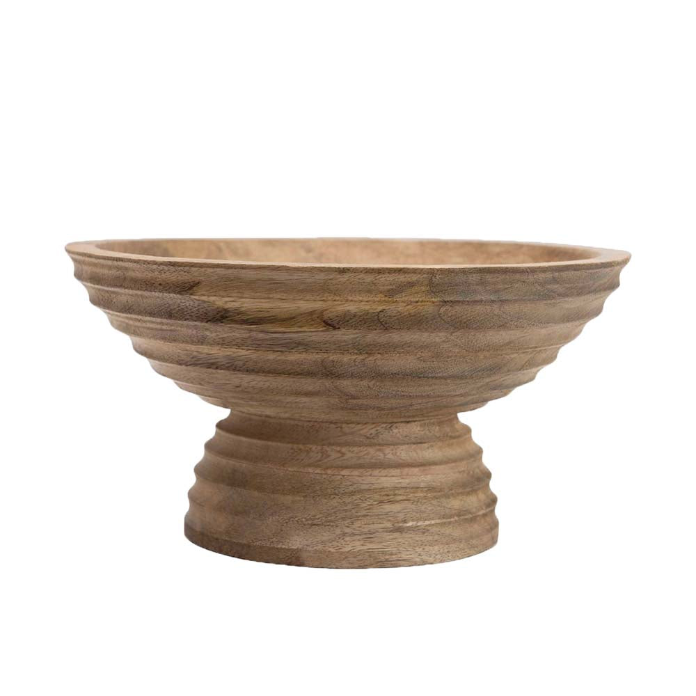 Mango Wood Ridged Footed Bowl on a white background
