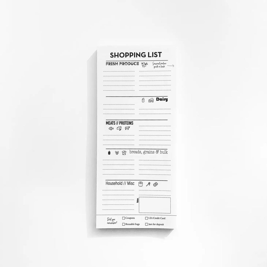 Market shopping list note pad with sections for fresh produce on a white background