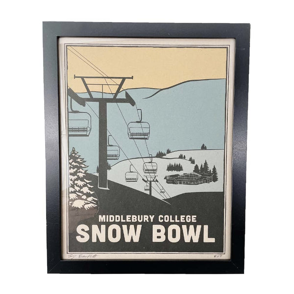 Middlebury College Snow Bowl art print in wood cut style of chairlift at the Snow Bowl by EJ Bartlett