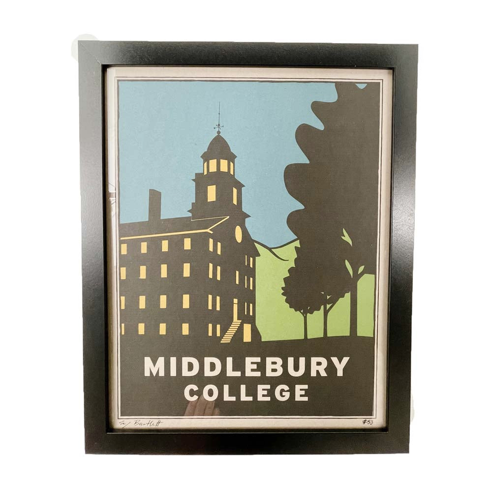 Wood cut style print of Old Chapel at Middlebury College with black trees by artist EJ Bartlett