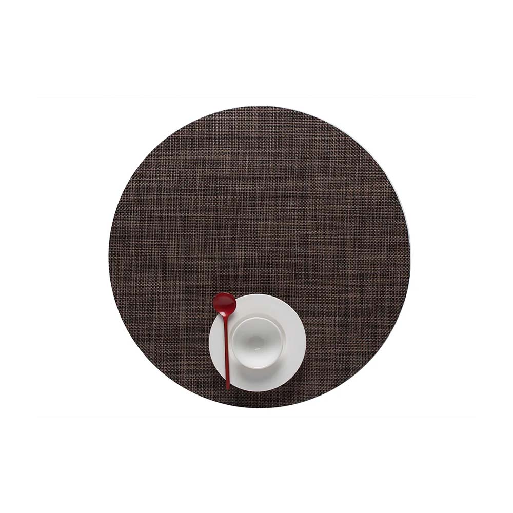 Chilewich mini basketweave round placement in dark walnut on a white background