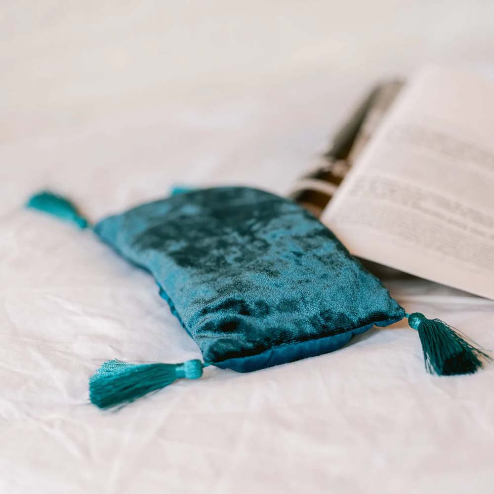 Mer Sea brand moroccan mint aromatherapy eye pillow in blue velvet with tassels