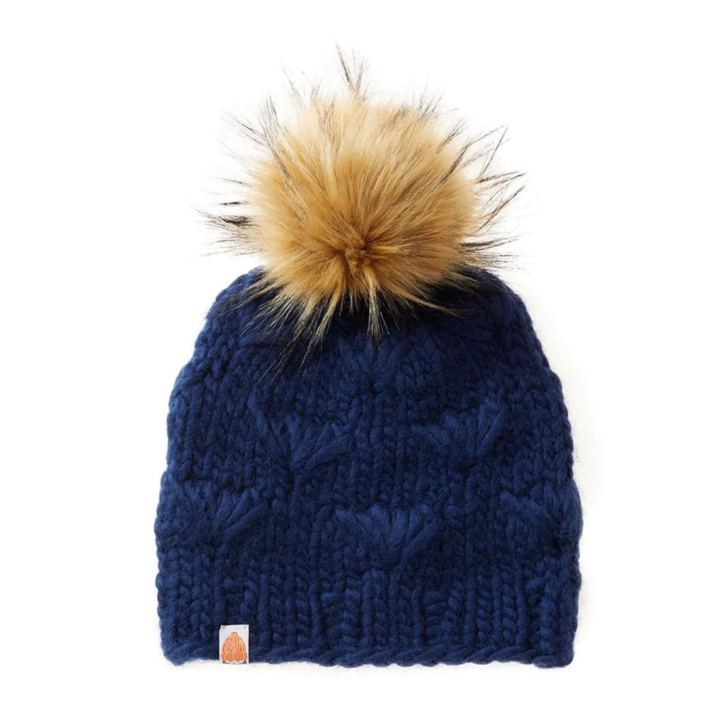 Shit that I knit brand motley beanie in navy on a white background