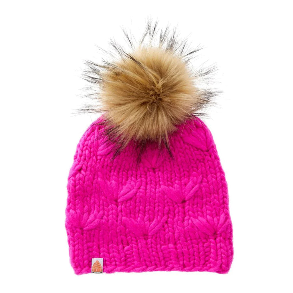 Shit that I knit brand motley beanie in pink on a white background