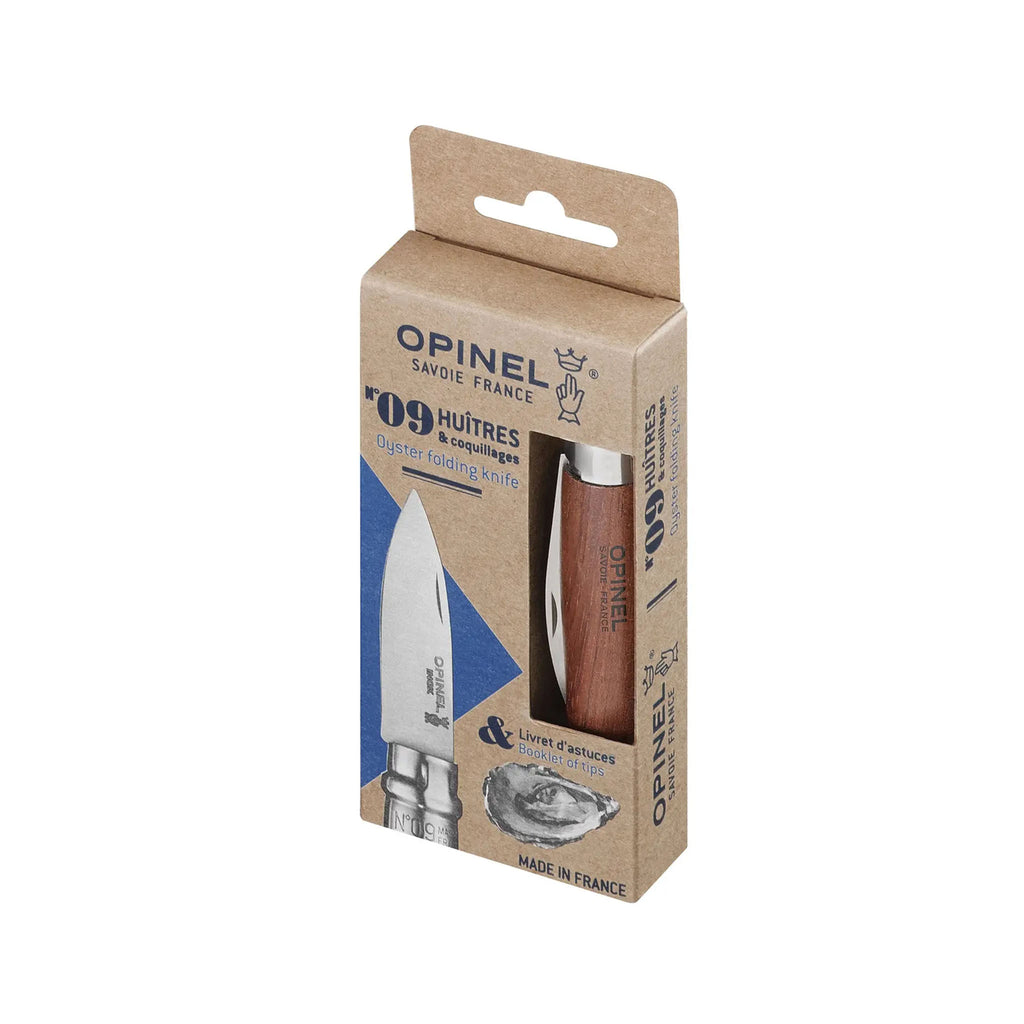 Opine folding oyster knife in brown craft box on a white background