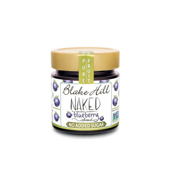 Jar of Blake Hill naked blueberry spread on a white background