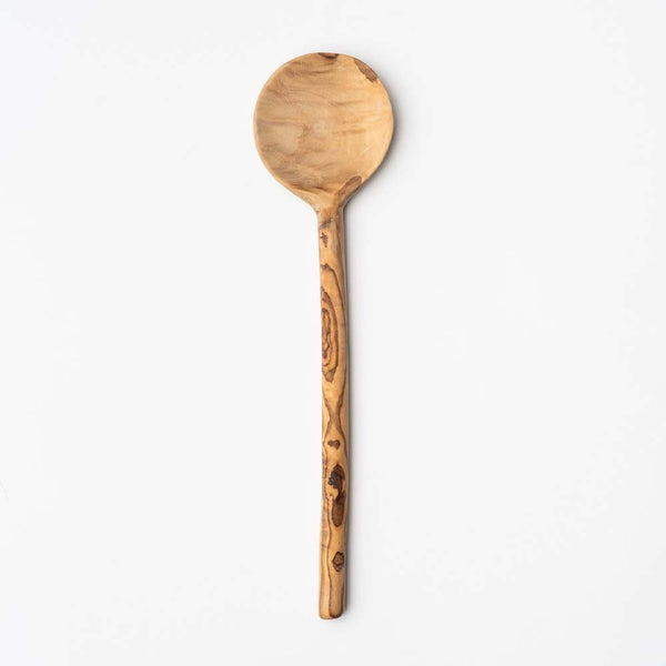 Olive wood spoon with large round head on a white background