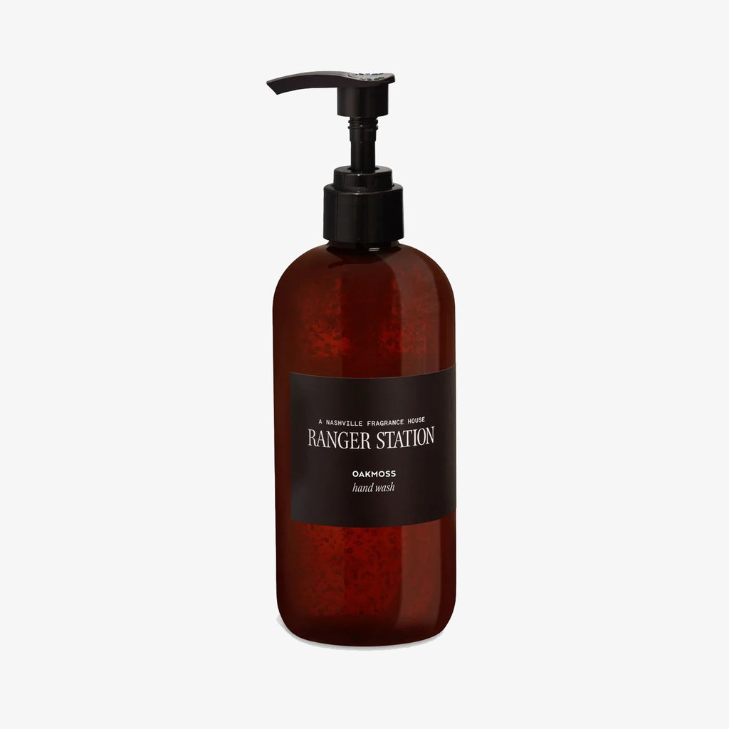 Ranger Station brand oak moss handsoap in a brown bottle on a white background