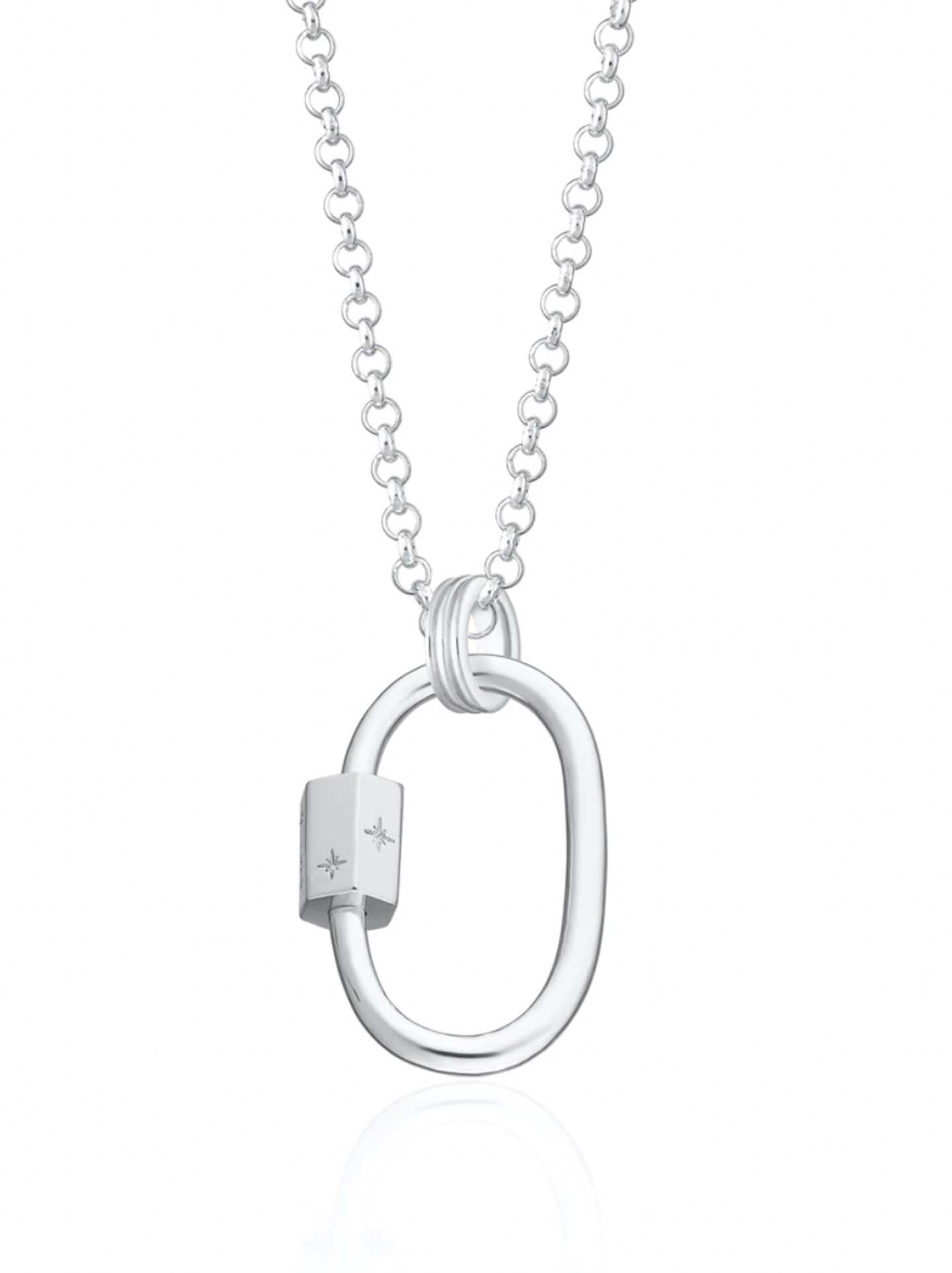 Scream pretty brand caribiner necklace in silver on a white backgroun