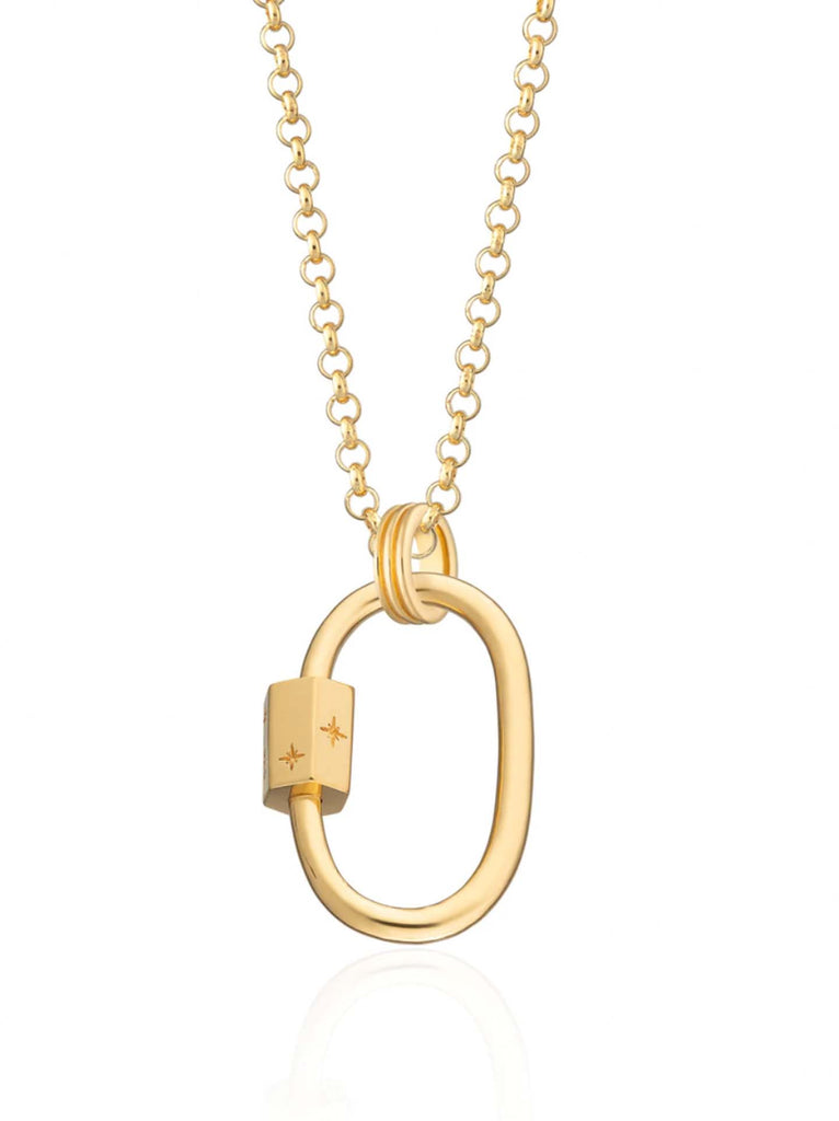 Scream pretty brand caribiner necklace in gold on a white backgroun
