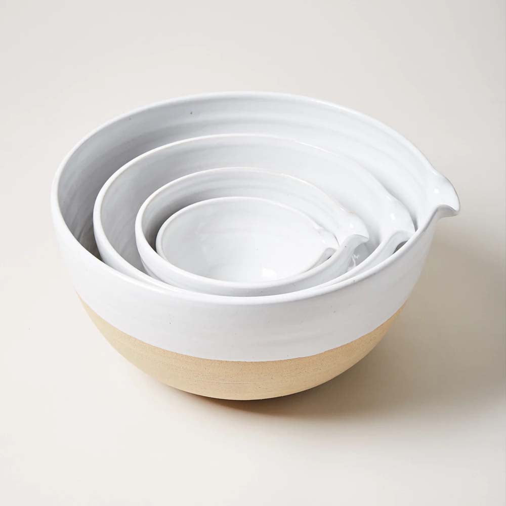 Farmhouse Pottery Pantry Bowl, great for mixing ingredients, rising dough, whisking eggs, or holding fruit. Easy pour spout, various sizes.