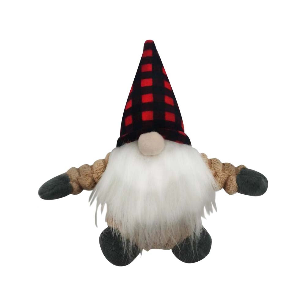 Tall Tails brand plush holiday gnome with black and red check hat dog Toy on a white background 