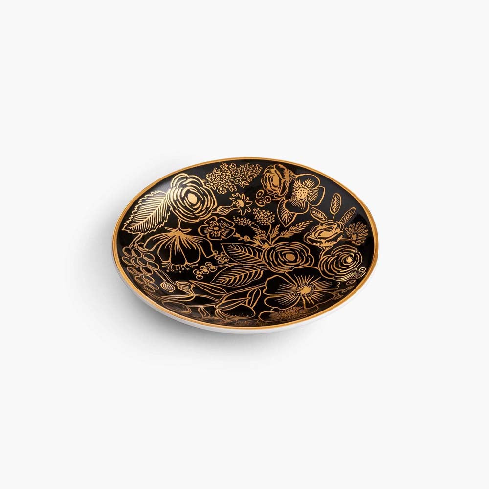 Rifle paper co. black and gold 'Colette' ring dish on a white background