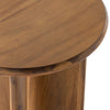 Stained acacia wood round end table with two rounded legs by four hands furniture on a white background 