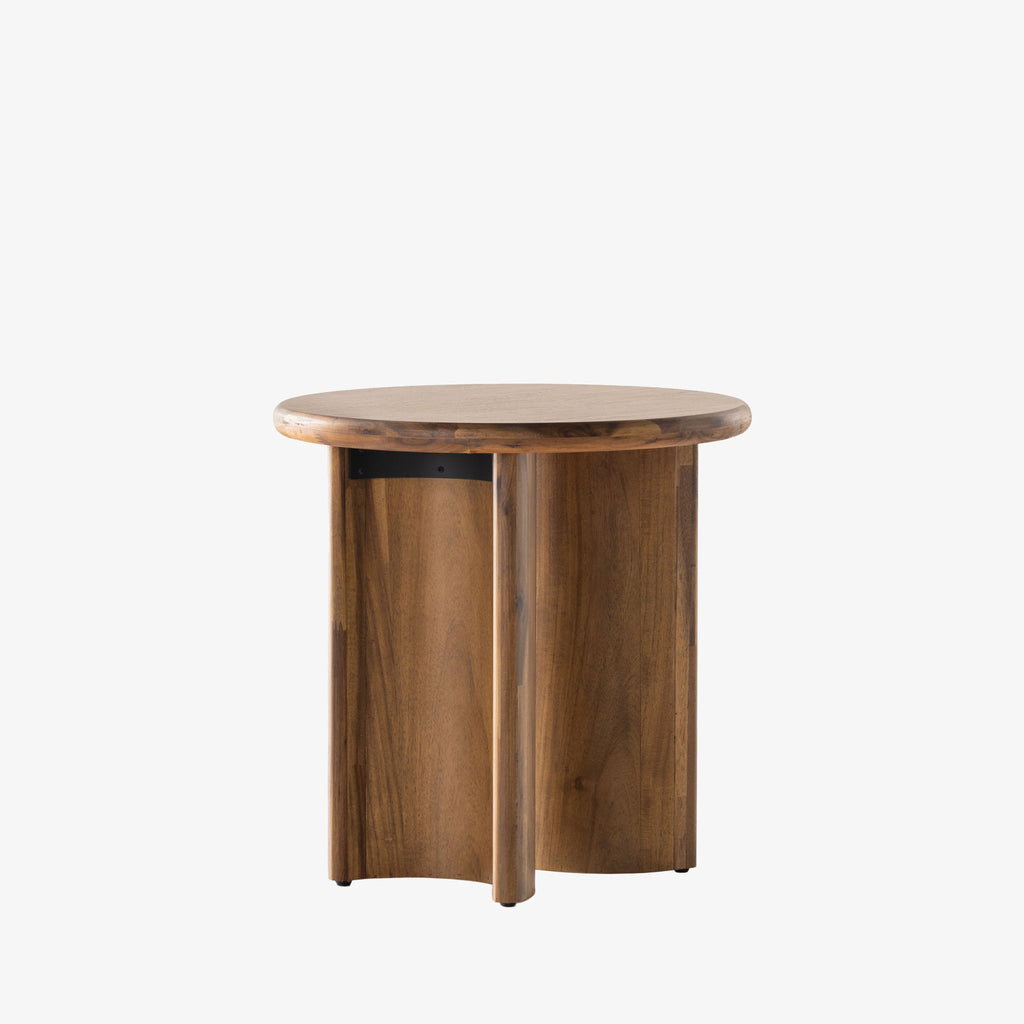 Stained acacia wood round end table with two rounded legs by four hands furniture on a white background 