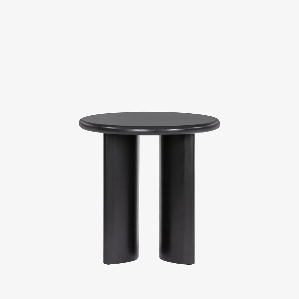 Black end table with two rounded legs by four hands furniture on a white background