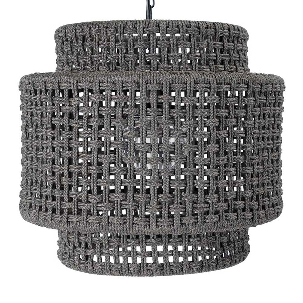 Hand woven charcoal grey Palecek Brunswick Outdoor Drum Pendant light on a white background