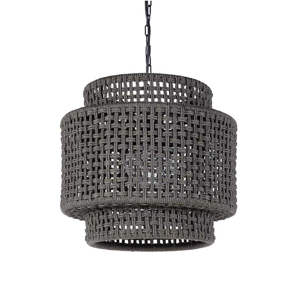 Hand woven charcoal grey Palecek Brunswick Outdoor Drum Pendant light on a white background