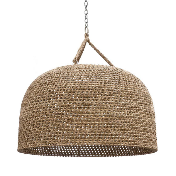Palecek Green Oaks Oversized Pendant with a core rattan frame accented with natural rope details and nickel finished chain on a white background