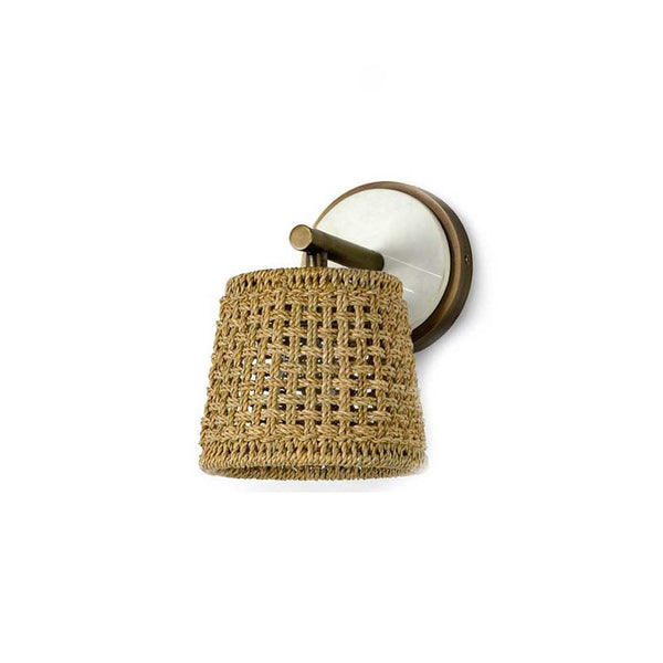Palecek Winslow Sconce with Solid marble plate in brass trim and hardware featuring a core rattan and lampakanai rope shade on a white background